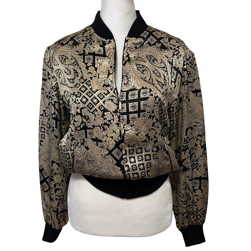 Vintage S.L.B.‎ Petite Black Gold Paisley Silk Bomber Jacket Size Petite Small